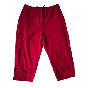Vintage Red Sag Harbor Embroidered Floral Linen Cotton Cropped Pants | Large